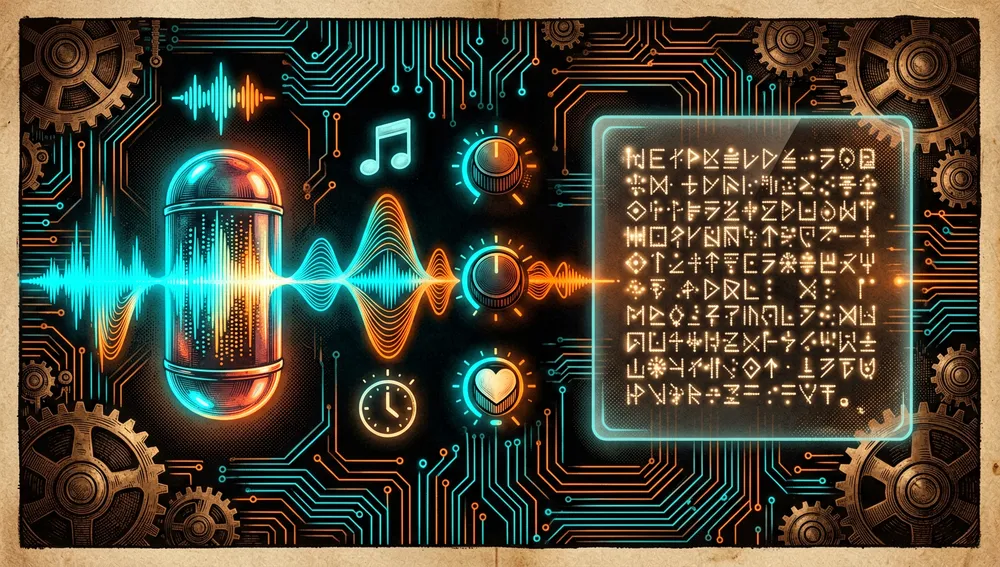 Una visualización controlable en modo oscuro estilo cyberpunk de clonación de voz y continuación de audio de máxima fidelidad. Un clip de audio de referencia corto se renderiza como una cápsula neón compacta en una línea de tiempo; de ella, una forma de onda continua se extiende hacia adelante, preservando timbre, ritmo, emoción y estilo. Tres diales de control flotan cerca, etiquetados solo por iconos abstractos para estilo, velocidad y emoción, con deslizadores brillantes suaves. Una segunda cápsula muestra audio de prompt más transcripción exacta como partículas de texto alineadas abstractas, permitiendo continuación sin fisuras. Detalles de forma de onda de 48 kHz, fondo de circuito oscuro, neón cian y naranja, ultra detallado, resolución 8K, sin texto legible.