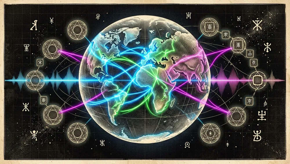 Un globo en modo oscuro estilo cyberpunk representando síntesis de voz multilingüe de 30 idiomas. La esfera está construida de continentes translúcidos conectados por haces de audio luminosos, con 30 nodos de idioma principales brillando a su alrededor y 9 nodos más pequeños de dialectos chinos orbitando la región de Asia. Formas de onda continuas viajan entre nodos en lugar de paquetes de tokens discretos, sugiriendo generación sin tokenizador. Acentos neón azul, verde y magenta, fondo oscuro tipo espacio con cuadrícula sutil, glifos abstractos flotantes, ultra detallado, resolución 8K, sin texto legible.