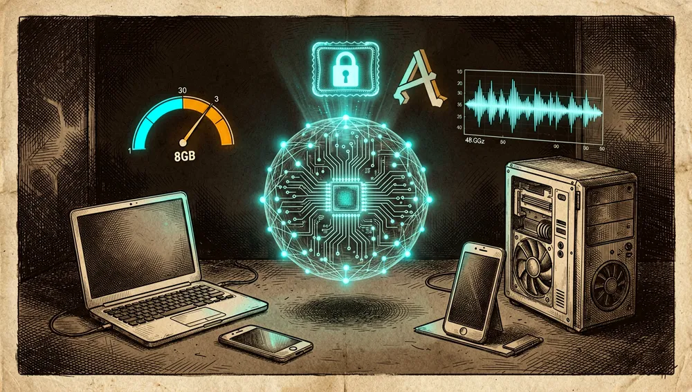 Una imagen en modo oscuro estilo cyberpunk de IA de voz abierta con pesos abiertos. Un núcleo de modelo neuronal transparente flota sobre una estación de trabajo local, con un sello de licencia holográfico desbloqueado y un emblema abstracto estilo Apache, enfatizando pesos abiertos amigables comercialmente. A su alrededor, pequeños dispositivos incluyen una tarjeta GPU, laptop, teléfono y PC de escritorio, con un medidor sutil de 8 GB de VRAM y una forma de onda de estudio nítida de 48 kHz. La escena se siente accesible y local-first, con acentos neón cian y ámbar, cuadrícula oscura, ultra detallado, resolución 8K, sin texto legible.