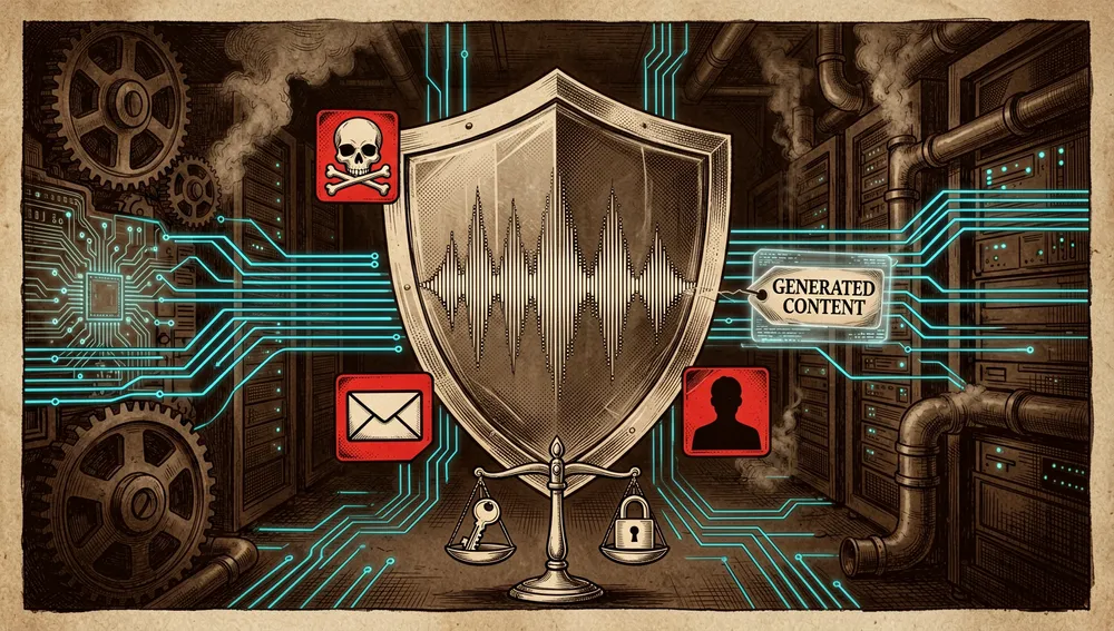 Una imagen en modo oscuro estilo cyberpunk sobre síntesis de voz responsable. Una forma de onda de audio central está protegida por un escudo translúcido, con iconos de advertencia bloqueando escenarios de mal uso como suplantación, fraude y desinformación. Un pequeño icono de etiqueta holográfica indica el etiquetado de contenido generado, mientras una balanza y un candado representan las salvaguardas éticas. El fondo muestra un centro de datos oscuro con acentos de advertencia rojos contenidos y líneas de seguridad cian tranquilas, transmitiendo límites de riesgo y uso responsable. Ultra detallado, resolución 8K, sin texto legible.