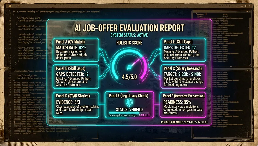 Un primer plano en modo oscuro estilo cyberpunk de una interfaz de evaluación de ofertas de empleo con IA dentro de un CLI, con elementos de UI neón cian y magenta. La pantalla muestra un informe estructurado dividido en bloques etiquetados de la A a la H, cada bloque brillando como un panel separado: coincidencia de CV, brechas de habilidades, investigación salarial, historias STAR, verificación de legitimidad y preparación de entrevista. Un medidor de puntuación central muestra una puntuación holística de 1 a 5, no una fórmula, con líneas neuronales suaves conectando fragmentos de evidencia con la puntuación. Un bloque resalta una verificación de legitimidad, escaneando publicaciones falsas con un pequeño icono de escudo. El fondo es un terminal de desarrollador oscuro con código tenue, rutas de archivo y líneas de registro. Ultra detallado, tipografía nítida, acentos neón, estética cyberpunk oscura, profundidad cinematográfica, resolución 8K.