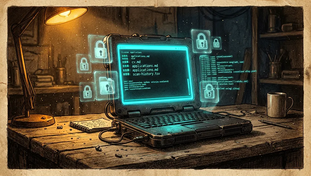 Una imagen simbólica que representa la privacidad de búsqueda de empleo local-first, en un estilo cyberpunk oscuro. Una laptop personal está sobre un escritorio en un espacio de trabajo de desarrollador tenuemente iluminado, su pantalla mostrando un CLI con nombres de archivo como cv.md, applications.md y scan-history.tsv. Alrededor de la laptop, escudos holográficos translúcidos y contenedores de datos encriptados flotan, enfatizando que todo permanece en la máquina del usuario. No hay torres en la nube, sin flujos de telemetría y sin servidores externos; en cambio, pequeños iconos de candado, símbolos de disco local y registros de terminal irradian desde la máquina. La paleta de colores usa negro profundo, azul pizarra, cian neón y ámbar cálido. El ambiente es privado, seguro y centrado en el humano. Ultra detallado, iluminación cyberpunk fotorrealista, neón de alto contraste, resolución 8K.