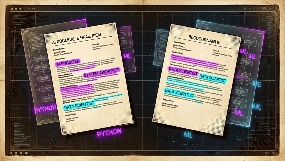 Un diagrama de documentos de currículum PDF generados por IA, optimizados para ATS, en visualización futurista en modo oscuro. La imagen muestra varias páginas de documento brillantes flotando sobre un terminal, cada página renderizada con tipografía limpia, diseño de una sola columna y inyecciones de palabras clave resaltadas. Una página muestra un currículum tamaño carta estadounidense, otra muestra un formato A4 europeo, con etiquetas sutiles indicando detección de idioma y formato regional. Detrás de los documentos, un wireframe de plantilla HTML translúcido y glifos de fuente brillan, sugiriendo fuentes autoalojadas y generación estructurada. Resaltados neón púrpura y cian trazan el flujo desde datos crudos del candidato hasta la salida PDF pulida. El estilo es ultra detallado, elegante, tecnológico, con iluminación cyberpunk oscura y detalles de UI nítidos, resolución 8K.