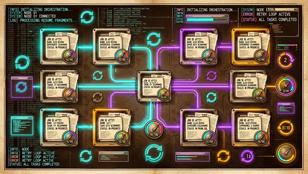 Una ilustración cyberpunk oscura de procesamiento por lotes en paralelo para evaluación de búsqueda de empleo. La imagen muestra una cola de orquestación en un panel de control tipo terminal, con ocho nodos de trabajador dispuestos en una cuadrícula, cada uno conectado a un coordinador central por flujos de datos brillantes. Cada trabajador contiene una mini tarjeta de empleo, un fragmento de CV y un medidor de puntuación, representando tareas de evaluación independientes. Bucles de reintento, ventanas de contexto y puntos de control de reanudación aparecen como indicadores neón sutiles. El fondo es un entorno CLI denso con registros, barras de progreso y estados de tarea. El ambiente visual es industrial, preciso y de alto rendimiento, con acentos neón cian, violeta y ámbar contra una interfaz oscura. Ultra detallado, renderizado técnico nítido, resolución 8K.