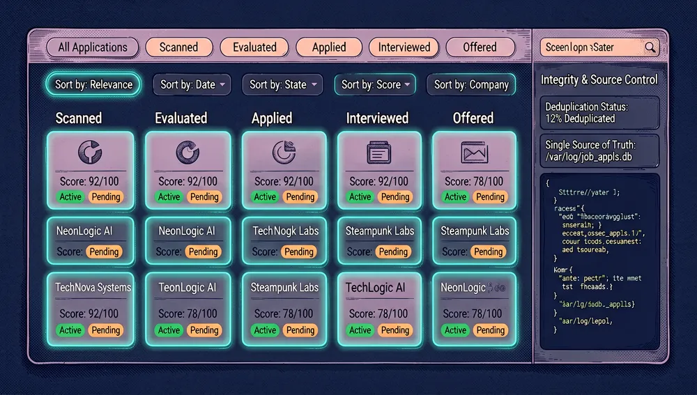 Un panel de seguimiento de solicitudes de empleo estilo terminal, diseñado como una TUI cyberpunk en modo oscuro con una paleta inspirada en Catppuccin de malva suave, durazno, verde azulado y azul marino profundo. La pantalla muestra seis pestañas de filtro, cuatro modos de ordenación y una vista agrupada de pipeline de aplicaciones moviéndose a través de etapas como escaneado, evaluado, aplicado, entrevista y oferta. Cada fila es una tarjeta brillante con un marcador de nombre de empresa, puntuación, insignia de estado y marca de tiempo. Un panel lateral muestra verificaciones de integridad, estado de desduplicación y un archivo de fuente única de verdad. La interfaz se siente artesanal y local, con sutiles indicios del lenguaje Go en el chrome del terminal. Ultra detallado, tipografía limpia, acentos neón, estética oscura, resolución 8K.