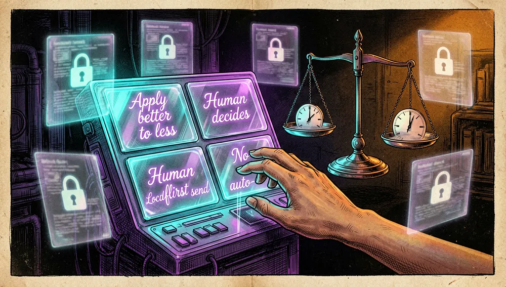 Una imagen conceptual que representa el manifiesto CareerOps: evidencia, disciplina, decisión humana y dignidad en la búsqueda de empleo. En una cámara cyberpunk oscura, una mano humana se extiende hacia un panel de terminal brillante que muestra seis prácticas y nueve derechos como fragmentos de texto neón elegantes. Un panel dice «Aplicar mejor a menos», otro «Decide un humano», otro «Local primero» y otro «Sin auto-envío». Una pequeña balanza equilibra el tiempo de un candidato contra el de un reclutador, simbolizando dignidad en ambos lados. Alrededor de la escena, tenues solicitudes de empleo holográficas flotan, pero ninguna se envía automáticamente; un icono de candado marca el paso final de aprobación humana. La iluminación es cinematográfica, con resaltados neón cian, violeta y ámbar cálido contra negro profundo. Ultra detallado, simbólico, elegante tecnológico, resolución 8K.