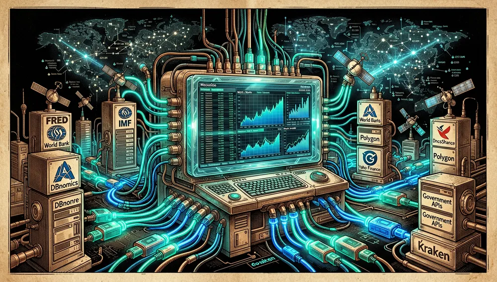 Más de 100 conectores de datos financieros: FRED, FMI, Banco Mundial, Polygon, Kraken, Yahoo Finance