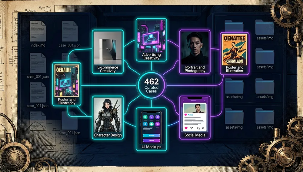 Navegación por categorías: e-commerce, publicidad, retrato, póster, personajes, UI y ejemplos comunitarios