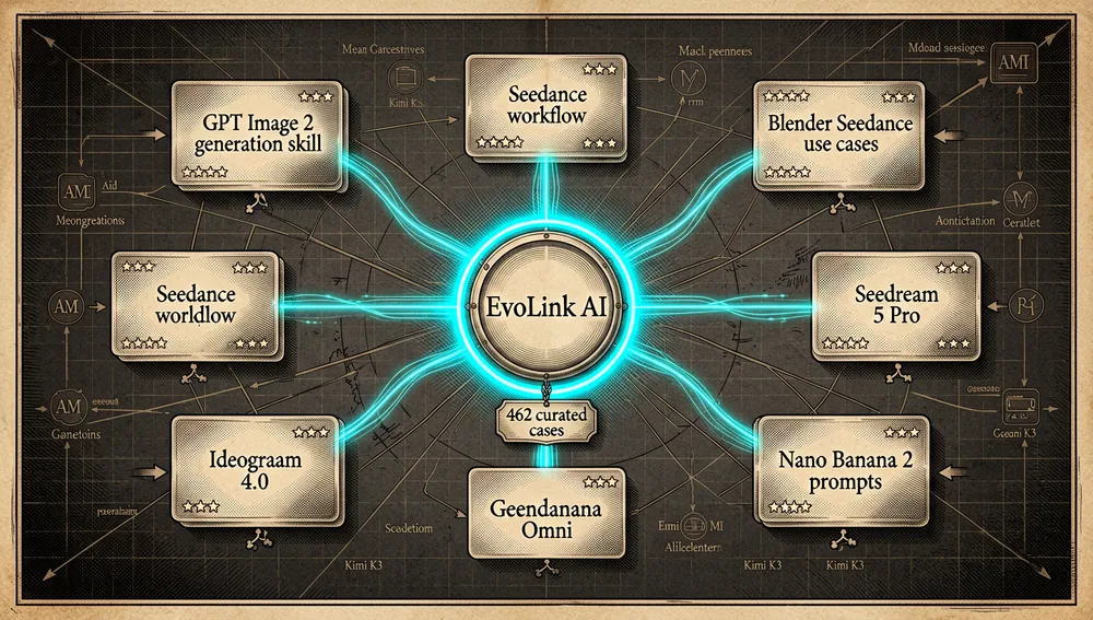 Mapa del ecosistema EvoLink AI: GPT Image 2, Seedance 2, flujos de Blender y repositorios hermanos