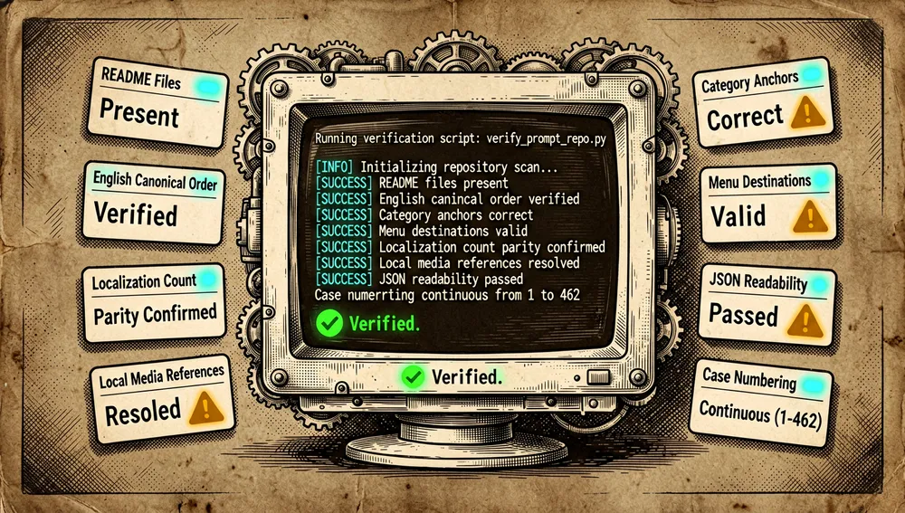 Verificación automatizada: verify_prompt_repo.py comprueba README, anclas, paridad y medios