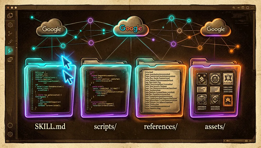 Anatomía de una skill: SKILL.md, scripts, referencias y assets como cartuchos de datos modulares