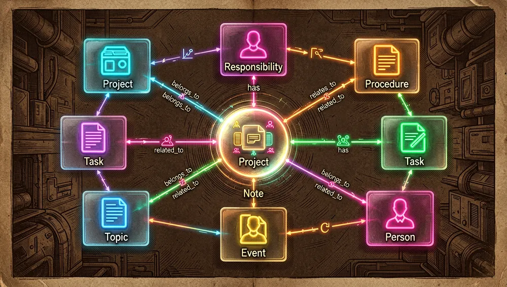 Tipos como lentes: Project, Responsibility, Procedure, Task, Note, Topic, Event y Person con relaciones inversas automáticas