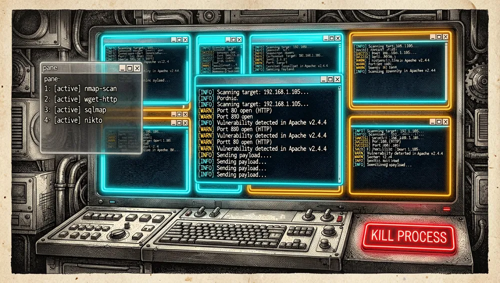 Paneles de fondo con tmux: escaneos largos en ventanas etiquetadas dentro de una sesión desprendida