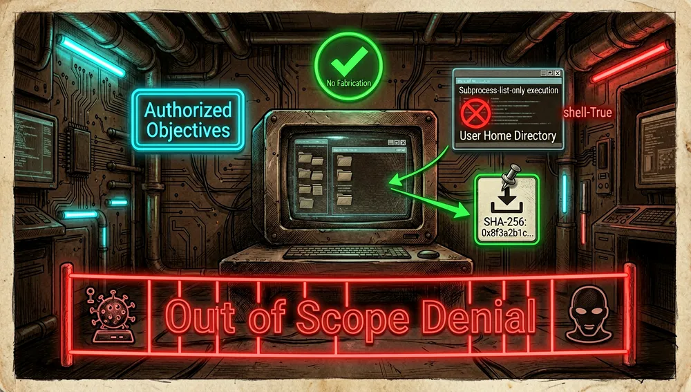 Principios de seguridad: solo objetivos autorizados, sin fabricación, solo subprocess en lista, descargas ancladas con SHA-256