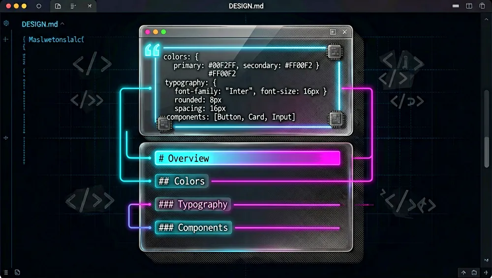 The two layers of a DESIGN.md: a YAML token front matter and a Markdown body with design rationale