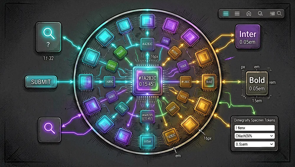 Tokens as a living system: colors, typography, spacing, and rounding connected in a constellation