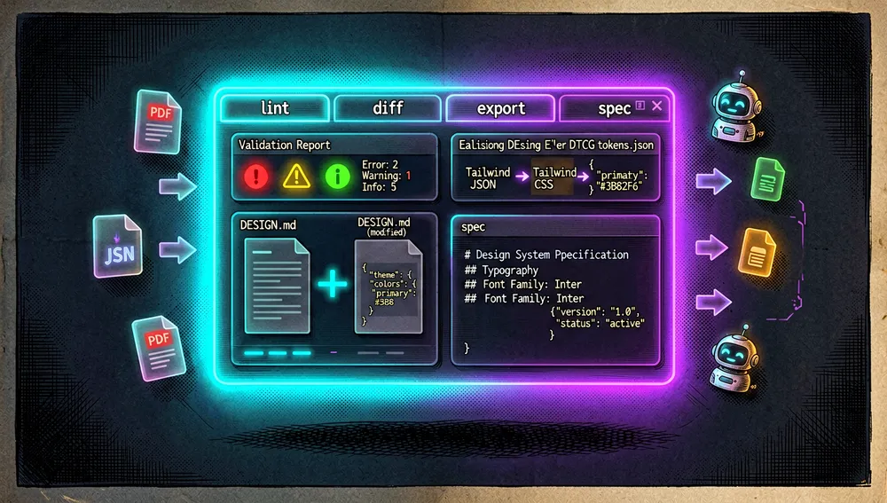 The CLI in action: the four commands lint, diff, export, and spec against a DESIGN.md file