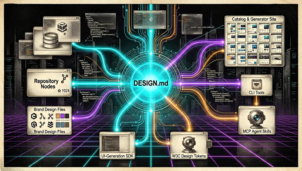 Map of the DESIGN.md ecosystem: community collections, generator sites, Chrome extensions, and sibling Google repos