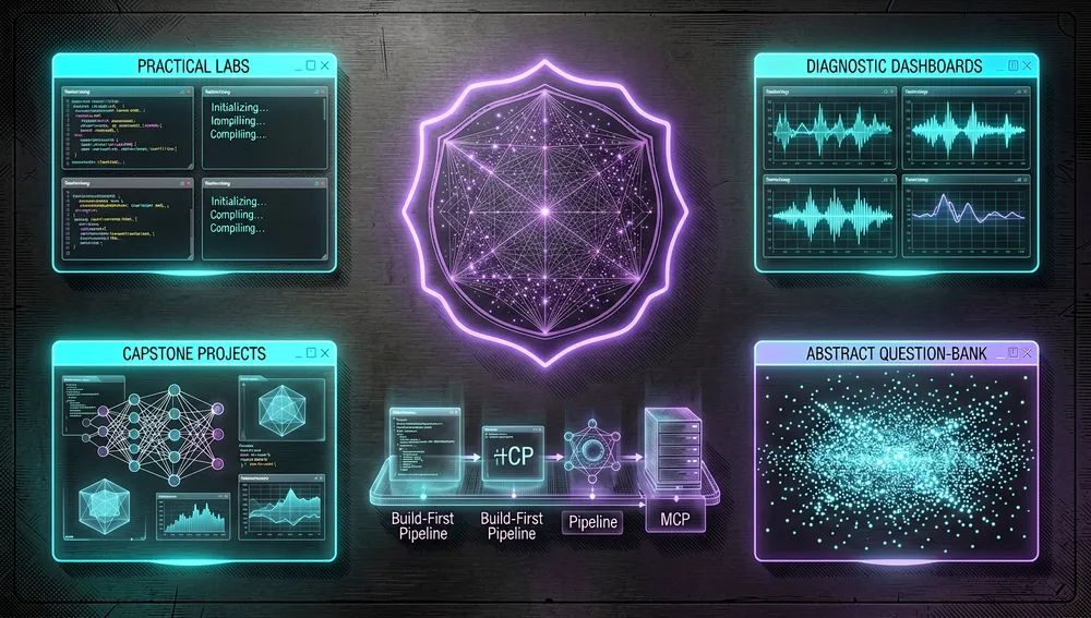 Cinco skills de aprendizaje AI-native flotando alrededor de un cerebro-agente central: plan personalizado, motor de lecciones interactivo, enrutador de guía, comprobador de fase y módulo de certificación
