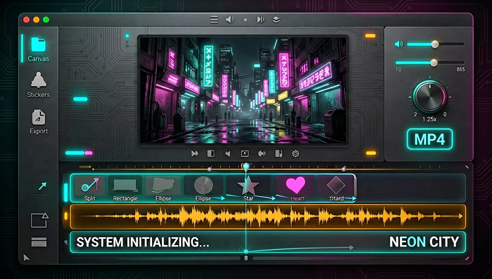 Mehrspurige Zeitleiste: Overlay-, Haupt-Video- und Audiospuren mit Clips, Ripple-Edit-Pfeilen, Bezier-Keyframe-Kurven, Wellenformbalken, Untertiteln und Masken mit weichen Kanten