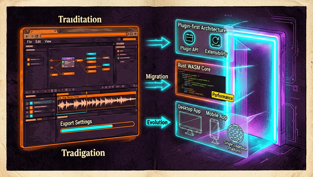 Von der stabilen klassischen Version zum Umbau: ein leuchtendes Portal zeigt die Entwicklung hin zu einer Plugin-first-Architektur mit Editor-API, Rust/WASM-Kern und einer einzigen Codebasis für Desktop und Mobile