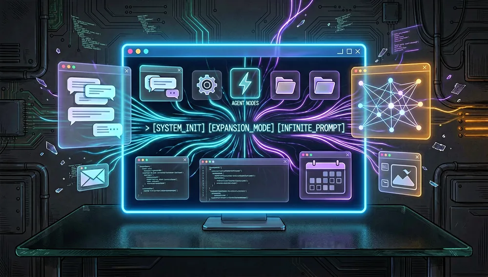 Un prompt único que se niega a detenerse: un terminal brillante emite flujos de luz que se expanden hacia un panel de control completo con chat, agentes, memoria, documentos, correo y calendario