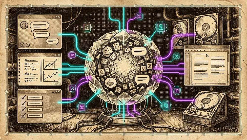 Memoria persistente: un núcleo de base de datos vectorial cristalino con fragmentos de memoria, preferencias de usuario y skills aprendidas orbitando, conectado al chat, los agentes, las notas y el editor de documentos