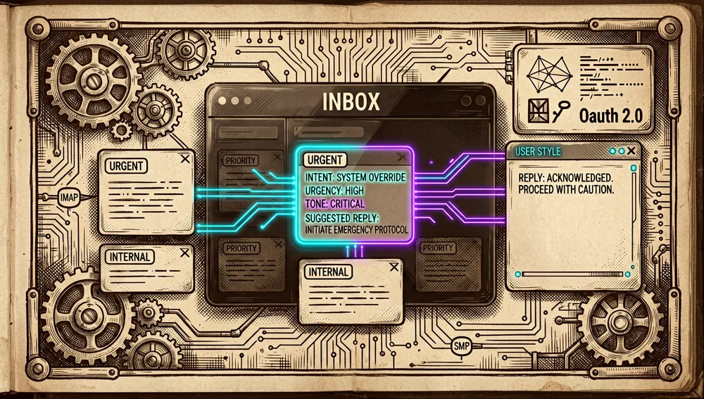 Bandeja de correo con IA: tarjetas de correo, carriles de triaje, etiquetas, resúmenes y un panel de borrador de respuesta que imita el estilo del usuario, con conexión IMAP/SMTP y OAuth de Google