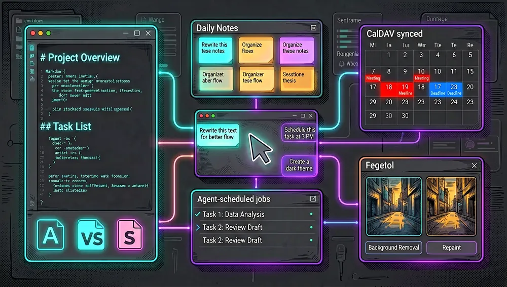 Módulos de productividad: un editor de documentos, un tablero de notas, una lista de tareas con trabajos programados por agentes, un calendario sincronizado por CalDAV y una galería de imágenes, conectados a un núcleo central del espacio de trabajo