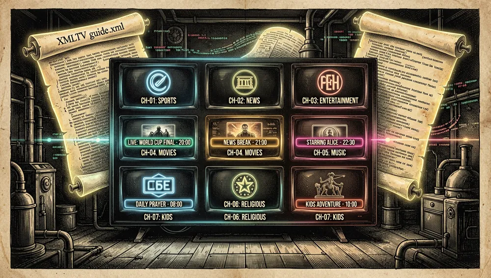 Futuristische EPG-Guide-Oberfläche: eine Neon-TV-Wand mit einem Raster aus Live-Kanälen, organisiert nach Sport, Nachrichten, Unterhaltung, Filmen, Musik und Kindern, jede Kachel mit Logo, tvg-id und Zeitleiste, neben einem XMLTV-guide.xml-Dokument, das sich als leuchtende Schriftrolle entfaltet