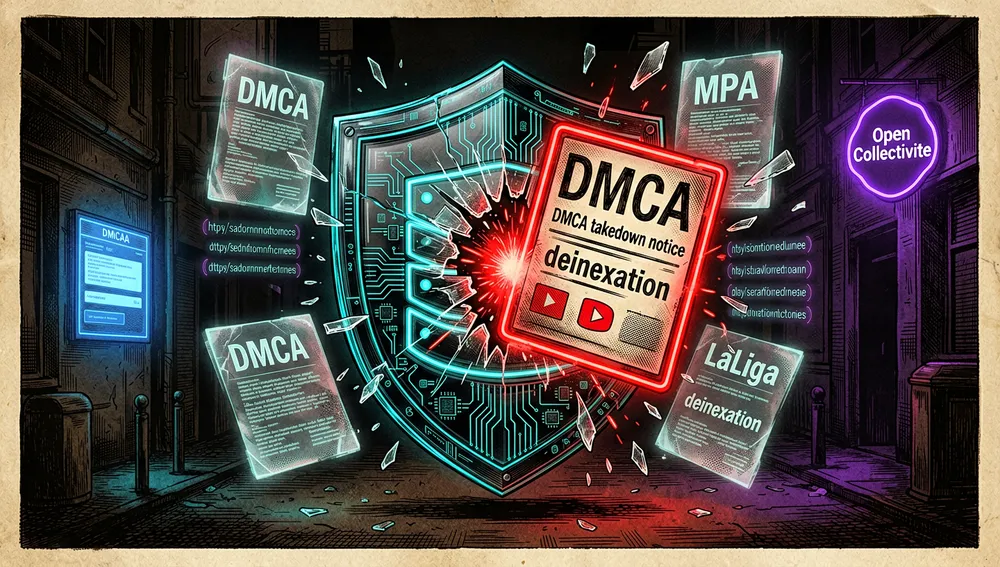 Dauerhaftes rechtliches Risiko: ein Repository-Schild aus dunklem Glas und neonfarbener Schaltkreisstruktur, getroffen von einer roten DMCA-Abmahnung, mit holografischen Rechtsdokumenten, die DMCA, MPA und LaLiga nennen, während öffentliche Links intakt neben einer Spendenseite bestehen bleiben