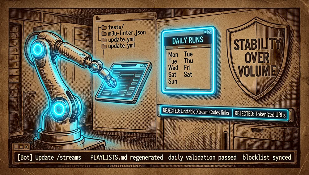 Automatisierte Wartung: ein Roboterarm und eine GitHub-Actions-Pipeline aktualisieren ein lebendiges /streams-Verzeichnis unter morgendlich-blauem Neonlicht, mit einem Commit-Log, das tägliche Updates zeigt, und einem Schild, das instabile Xtream-Codes-Links ablehnt