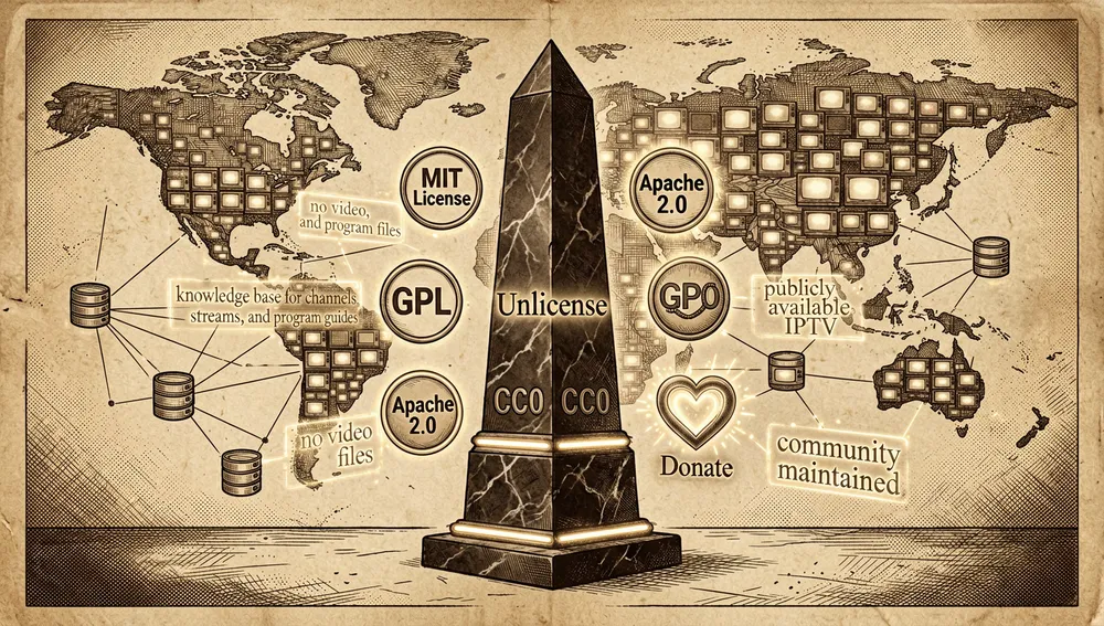 Wissensmonument der Public Domain: ein dunkler Obelisk aus Marmor und Neon, graviert mit Unlicense/CC0-Symbolen, umgeben von schwebenden Open-Source-Abzeichen, einem Spendenherz auf OpenCollective und einem Netzwerk abhängiger Repositories und Apps, mit einer Weltkarte kleiner leuchtender TV-Bildschirme in der Ferne