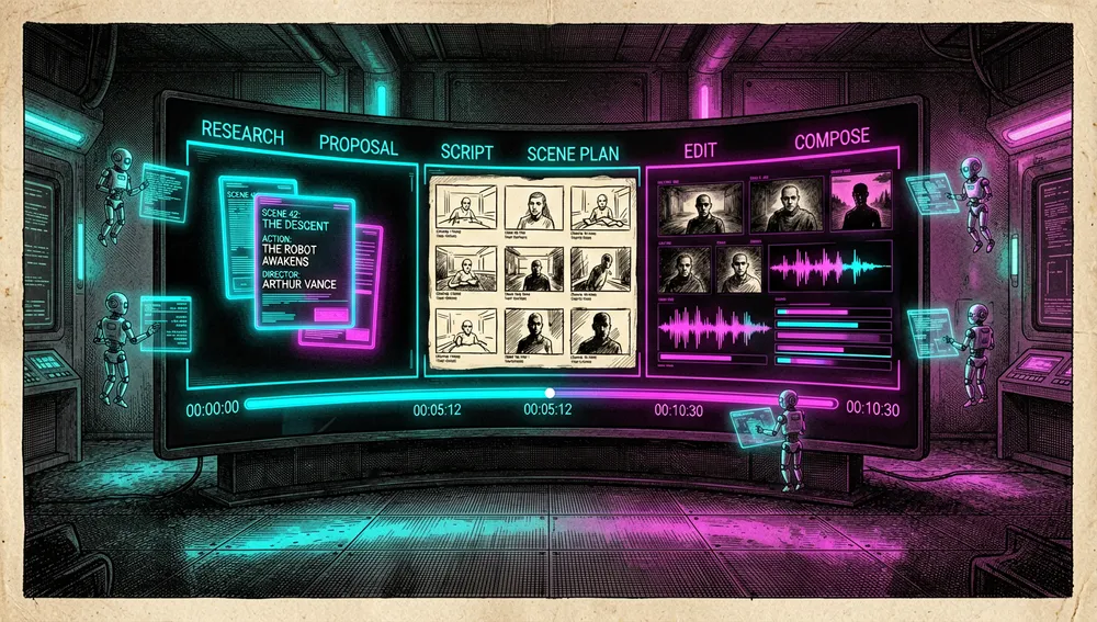 Tablero Backlot en vivo: un panel de vidrio curvado dividido en estadios de investigación, propuesta, guion, plan de escena, assets, edición y composición, con tarjetas de guion, miniaturas de storyboard y una franja de coste y decisiones de proveedor