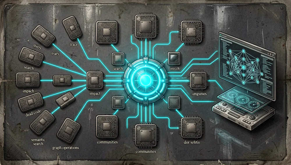 Hybride Sprachserver-Intelligenz ohne externe IDE-Server zu starten: ein mechanischer C-Auflösungskern mit Präzisionszahnrädern, der Funktionsaufrufe und Typreferenzen über durchscheinende Panels für Python, TypeScript, Go, Rust, Java und andere Sprachen analysiert