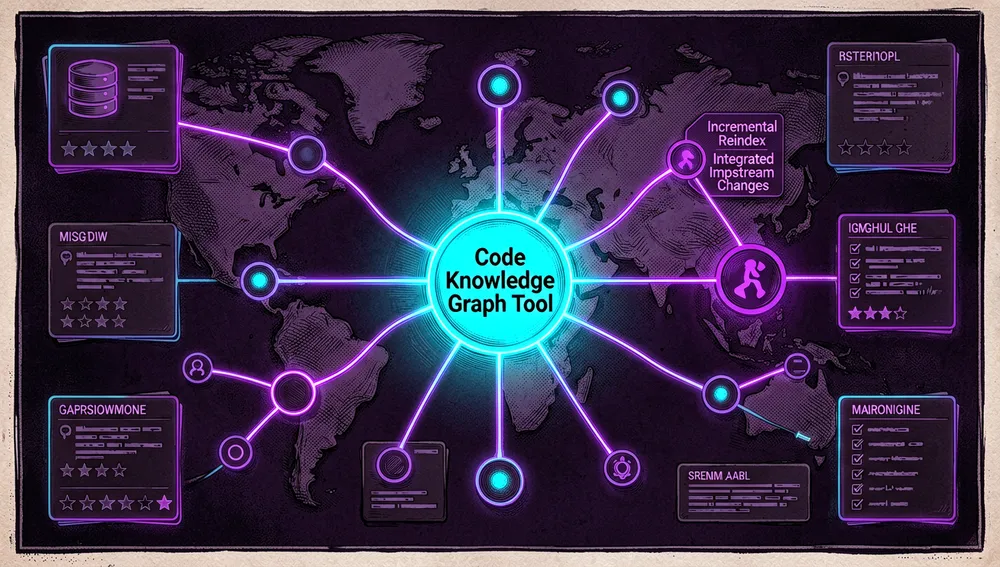 Ökosystem-Karte: das Hauptrepository als heller zentraler Knoten, verbunden mit Community-Forks, awesome-Server-Listen, tree-sitter-Grammatik-Forks, CLI-Assistenten und Entwicklerdiskussionen, mit einem hervorgehobenen Fork-Knoten, der eine Verbesserung der inkrementellen Reindexierung nahelegt