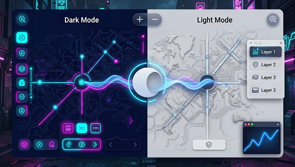 Adaptación automática de tema claro y oscuro en pantalla dividida: a la izquierda un mapa oscuro con fondo azul marino y marcadores neón cian y magenta, a la derecha un mapa claro con fondo gris suave y paneles de control refinados, conectados por un interruptor central
