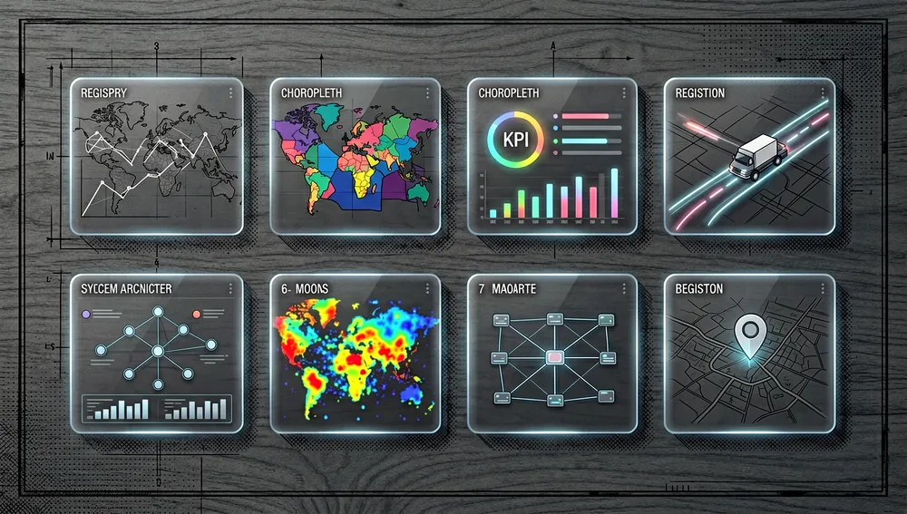 Panel de registro con ocho tarjetas de bloques de mapa: mapa de analítica, coroplético, tarjeta de analítica, seguidor de entregas, monitor de uptime, mapa de calor, red logística y localizador de tiendas, cada una con una miniatura de visualización con estética de vidrio esmerilado