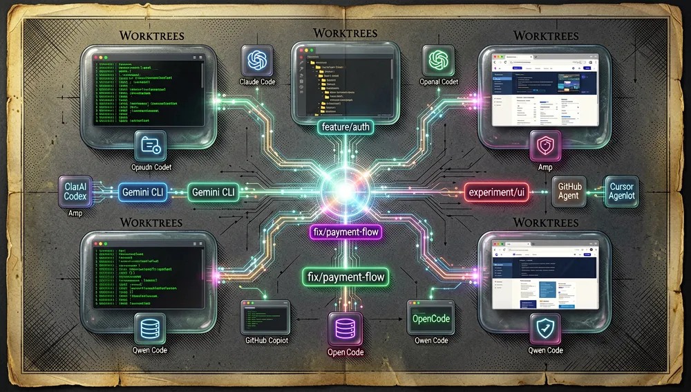 Flujo completo de tarea a PR fusionado: una tubería horizontal neón que muestra la creación de una tarjeta kanban, el nacimiento de un workspace con rama git, un agente ejecutándose en terminal aislado, revisión del diff en vivo con comentarios en línea, previsualización en navegador integrado, apertura de PR con descripción generada por IA y fusión final en el repositorio