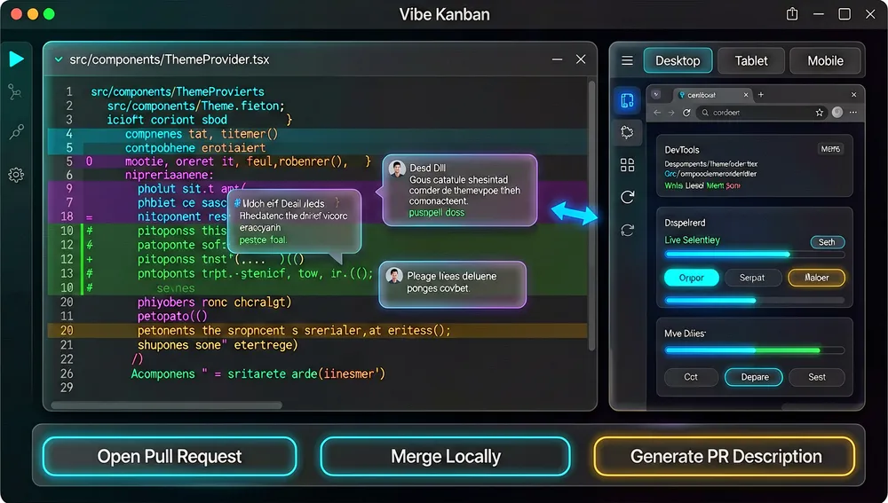 Espacios de trabajo aislados como git worktrees: un repositorio central que se ramifica en varias cámaras neón, cada una con terminal, árbol de archivos, servidor de desarrollo local y panel de previsualización, etiquetadas con nombres de rama distintos
