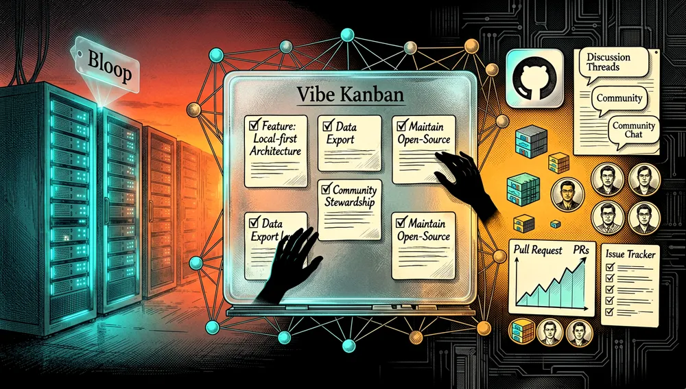 Ecosistema MCP, herramientas y extensiones comunitarias: un nodo central «Vibe Kanban MCP» conectado a un tablero kanban, múltiples servidores de desarrollo, un depurador, extensiones de VSCode, Cursor y Windsurf, integración con Docker, GitHub y Azure Repos, rodeado de proyectos comunitarios en órbita como forks, reimplementaciones y TUI