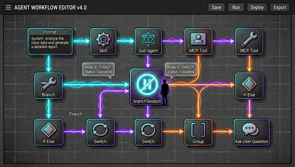 Un lienzo de editor de nodos detallado que muestra un grafo de flujo multiagente complejo, con nodos validados por esquema para prompt, skill, sub-agent, herramienta MCP, branch, if-else, switch, group y ask-user-question, y un nodo branchSession especial que actúa como puerta de control humano en el bucle
