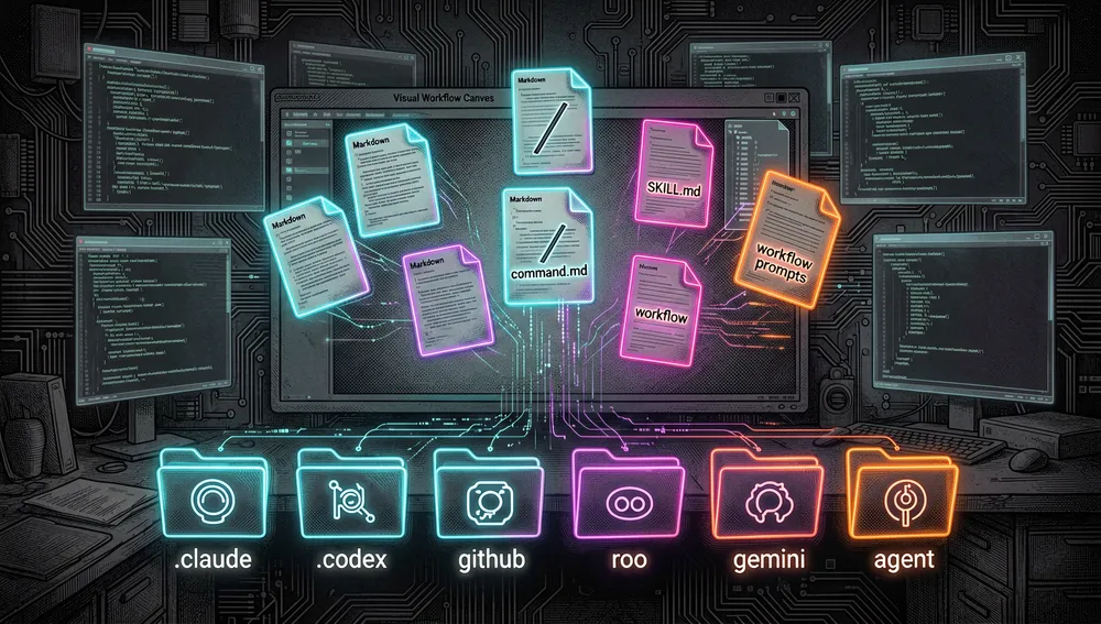 Visualización futurista de exportación: un lienzo de flujo visual se transforma en artefactos de agente nativos, con documentos Markdown, archivos de comando de barra, archivos de skill y definiciones de agente que emergen del lienzo y vuelan hacia estructuras de carpetas organizadas etiquetadas .claude, .codex, .cursor, .github, .roo, .gemini y .agent