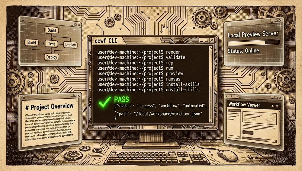 Una interfaz de terminal oscura y elegante mostrando el CLI ccwf en acción, con líneas de comando brillantes como render, validate, mcp, export, run, preview, canvas e install-skills, y un resultado de validación exitoso con una insignia de aprobación verde neón