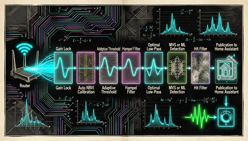 Una visualización técnica detallada del pipeline de procesamiento de señal de ESPectre para detección de movimiento por Wi-Fi CSI, un diagrama de flujo horizontal en modo oscuro con etapas etiquetadas: Gain Lock, calibración automática NBVI, umbral adaptativo, filtro de Hampel, filtro paso-bajo opcional, detección MVS o ML, hit filter y publicación final en Home Assistant
