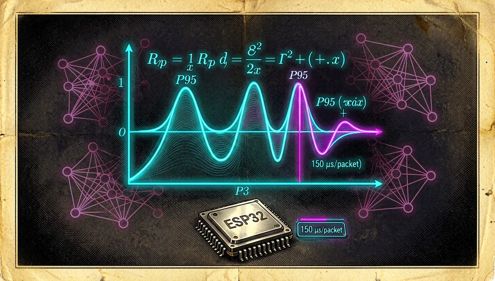 Una imagen conceptual que representa la filosofía "matemática antes que machine learning" en el detector MVS por defecto de ESPectre, con una gran ecuación brillante y una forma de onda estadística mostrando turbulencia espacial y varianza móvil, curvas neón suaves y marcadores de umbral P95, con nodos de red neuronal fantasmales de fondo sugiriendo el detector ML experimental opcional
