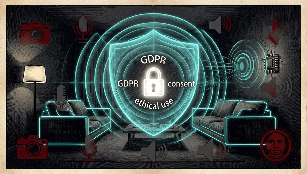 Una escena de seguridad de hogar inteligente centrada en privacidad para ESPectre, un salón moderno en modo oscuro protegido por campos invisibles de ondas Wi-Fi en lugar de cámaras o micrófonos, con un escudo translúcido de ondas cian rodeando la habitación mientras iconos prohibidos de cámaras, micrófonos y reconocimiento facial aparecen como siluetas tenues detrás del escudo, con símbolos de candado y GDPR brillando cerca del centro