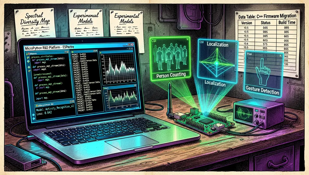 Una escena de laboratorio de investigación y desarrollo para Micro-ESPectre, la plataforma R&D en Python/MicroPython, con un banco de trabajo futurista oscuro mostrando un terminal ejecutando scripts de MicroPython, flujos de mensajes MQTT, gráficos de análisis CSI y un pipeline de entrenamiento de machine learning, junto a una placa ESP32 conectada a una antena compacta con gráficos holográficos de reconocimiento de actividad, conteo de personas, localización y detección de gestos