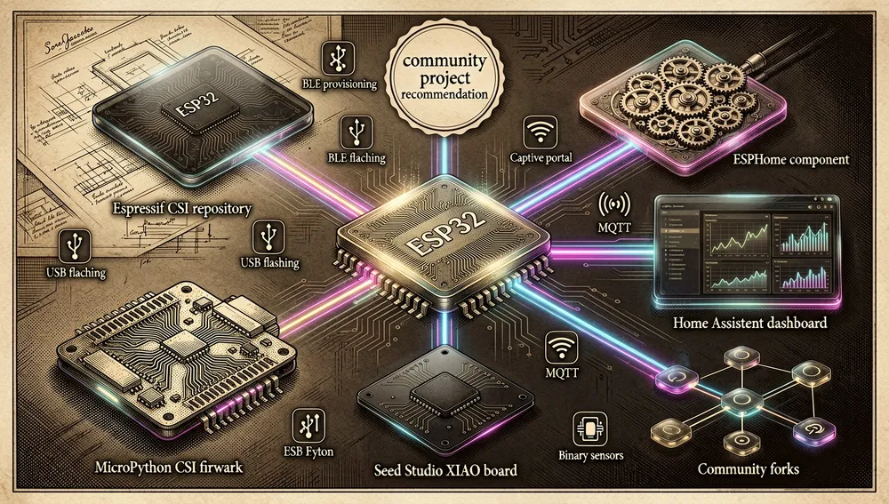 Una imagen de ecosistema y adopción comunitaria para ESPectre en el mundo de domótica ESP32, ESPHome y Home Assistant, con un chip ESP32 brillante en el centro conectado por rutas neón a varios nodos flotantes: el repositorio CSI de Espressif, el componente ESPHome, el dashboard de Home Assistant, la placa Adafruit Feather, la placa Seeed Studio XIAO, el firmware MicroPython CSI y forks de la comunidad, con un emblema que dice "community project recommendation"