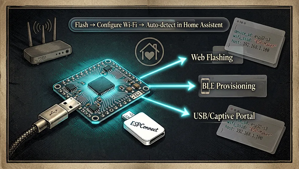 Una visualización de instalación rápida y primer arranque para ESPectre mostrando un proceso amigable de 10 a 15 minutos, con una compacta placa ESP32-S3 o ESP32-C6 sobre un escritorio oscuro junto a un cable USB, un enrutador Wi-Fi y un icono de servidor Home Assistant, con tres rutas de configuración brillantes ramificándose: flasheo web, provisioning BLE y configuración por USB o portal cautivo